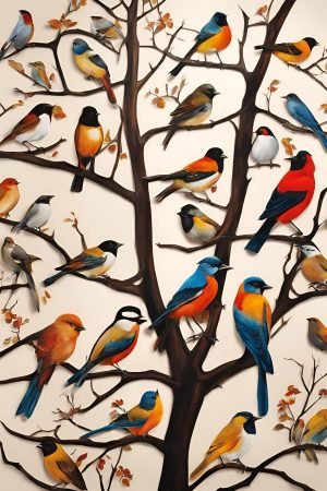 27 colorful birds on tree branches