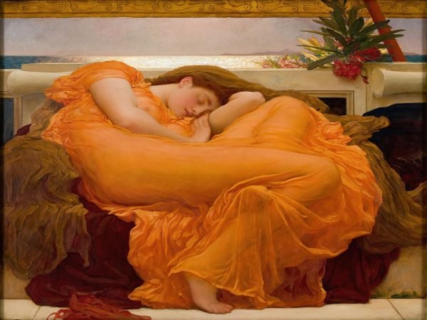 Flaming June Print Frederic Leighton poster and canvas art, famous painting of a woman sleeping in an orange dress