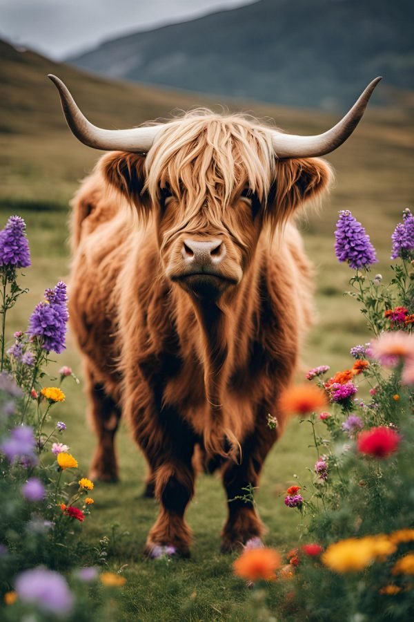 Highland Cow Among Colorful Flowers