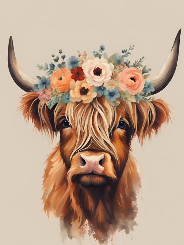 Highland Cow Head with Flowers