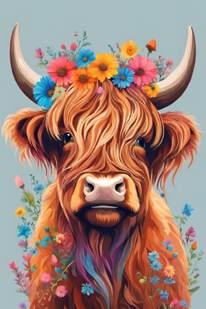 Highland Cow Wearing Flower Crown canvas wall art and framed poster print