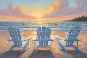 Paintings of White Adirondack Chairs on the Beach canvas and poster wall art print
