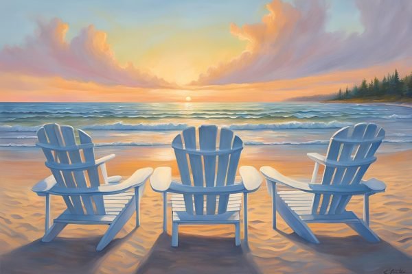 Paintings of White Adirondack Chairs on the Beach canvas and poster wall art print