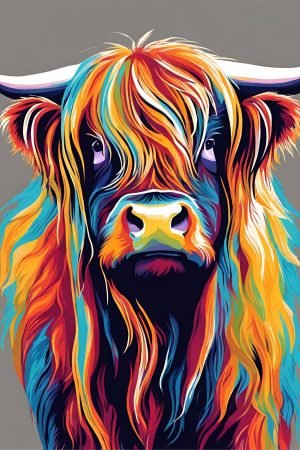 Colorful Shaggy Scottish Cow framed poster and canvas art print