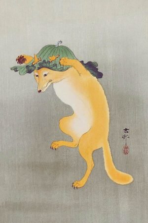 Ohara Koson Dancing Fox with Lotus leaf Hat poster and framed canvas wall art print