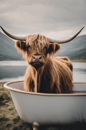 Highland Cow in Bathtub Picture Print Poster and canvas wall art