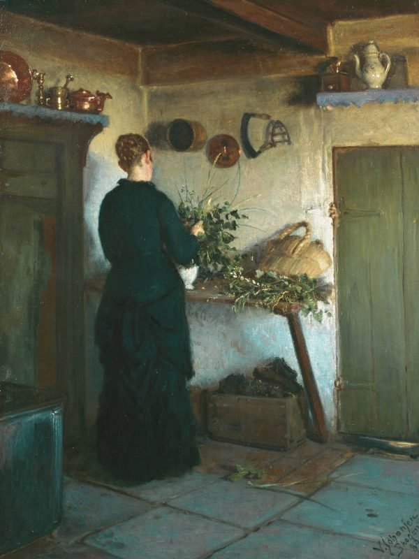 Kitchen interior The artist’s wife arranging flowers Viggo Johansen