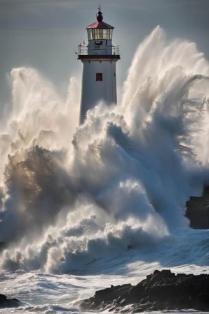 Lighthouse Big Waves Poster print and canvas wall art