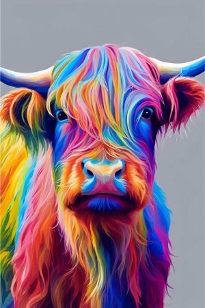 Rainbow Highland Cow Print framed poster and painting canvas wall art