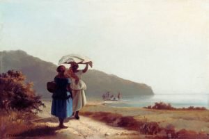 Two Women Chatting by the Sea St. Thomas Camille Pissarro impressionist painting canvas wall art and framed poster print