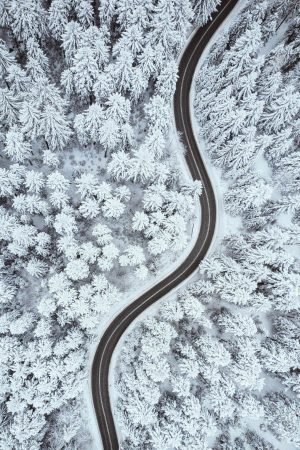 Aerial View Road Among Snowy Forest photography poster print and framed canvas art