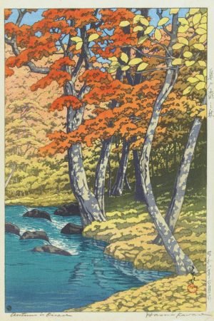 Kawase Hasui Autumn In Oirase (1933) poster print and japanese landscape canvas wall art