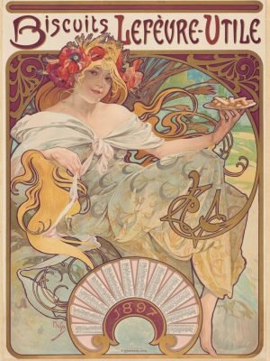 Biscuits Lefèvre Utile Alphonse Marie Mucha vintage Art Nouveau advertising poster and framed canvas wall art print