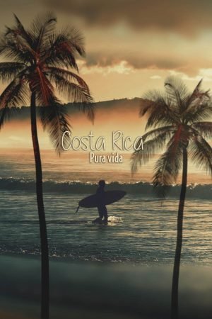 Costa Rica Pura Vida Travel Poster, a surfer with a surfboard among the palm trees at sunset photography framed canvas wall art print
