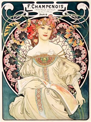 Daydream (Rêverie) F. Champenois Imprimeur-Editeur Alphonse Mucha floral woman Art Nouveau painting vintage advertising poster print and framed canvas wall art