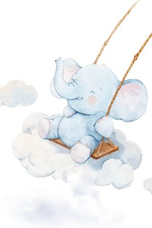 Elephant and Cloud Swing For Nursery Wall art canvas and framed poster print