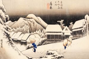Evening Snow at Kanbara Utagawa Hiroshige japanese woodblock prints canvas wall art and framed poster