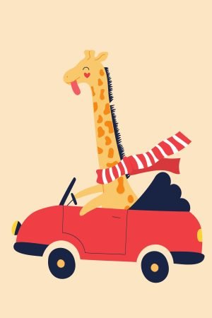 Giraffe in Red Car Nursery Wall Art Framed poster and canvas print