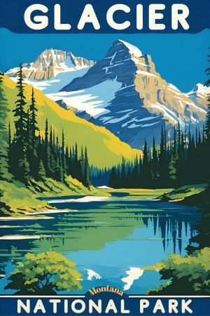 Glacier National Park Vintage Poster framed canvas wall art