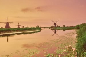 Kinderdijk Windmills Sunrise Landscape framed poster and canvas wall art
