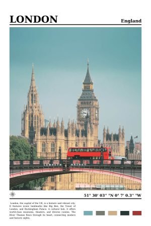 London England Travel Poster with big ben and red bus view wall art