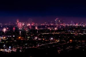 Los Angeles Night Cityscape with Fireworks poster print and framed canvas wall art
