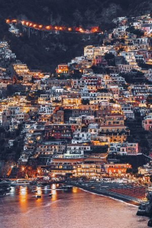 Night view of the Amalfi Coast in Positano landscape poster and canvas wall art print