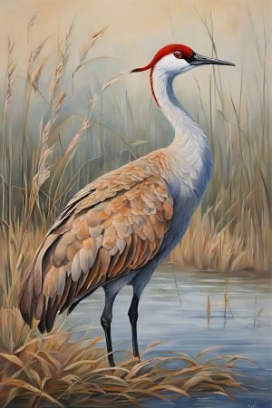 Red Head Sandhill Crane Art Print framed poster and canvas wall art