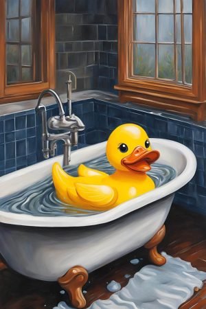 Rubber Duck in a Bathtub Painting canvas wall art and framed poster print