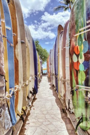 Surfboard Alley in Oahu Hawaii wall art framed poster and canvas print