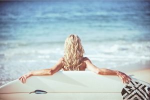 Surfer Girl on The Beach poster framed print