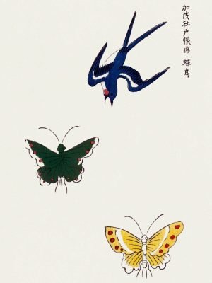 Vintage japanese woodblock print Swallow and Butterflies Poster Taguchi Tomoki canvas art print