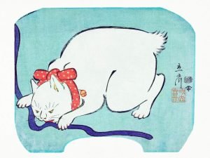 Vintage Japanese White Cat Utagawa Hiroshige woodblock prints canvas wall art and framed poster