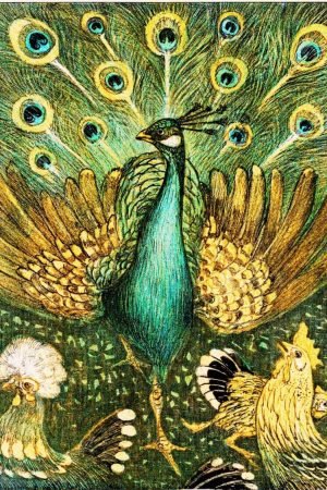 Vintage Peacock with Chickens Painting print framed poster and birds canvas wall art