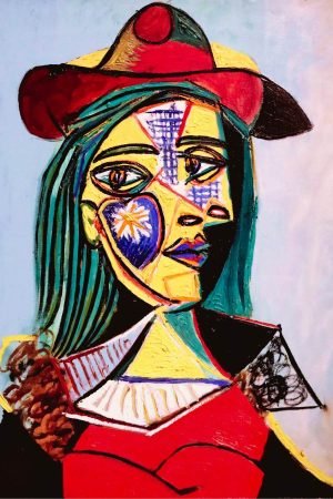 Woman in a Hat and Fur Collar Pablo Picasso cubist woman painting canvas wall art and framed poster print