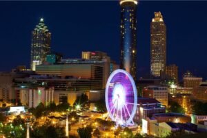Atlanta Skyline with Ferris Wheel Poster print and Framed Canvas Wall Art