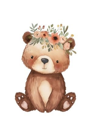 Baby Bear with Flower Crown poster and canvas wall art for nursery and kids room wall decor