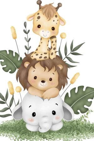 Baby Giraffe Lion and Elephant wall art for nursery wall decor framed poster and canvas print