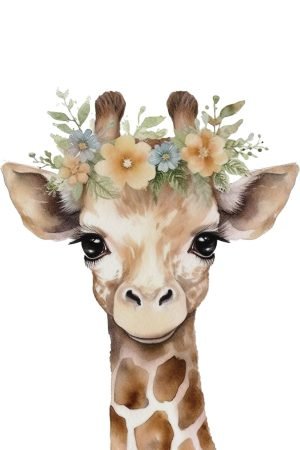 Baby Giraffe with Flower Crown poster print and framed canvas wall art