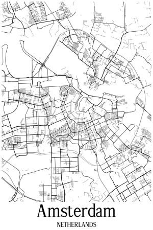 Black and White Netherlands Amsterdam Map Poster