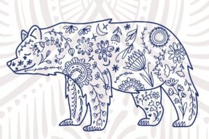 Blue Minimalist Floral Nordic Bear Canvas Wall Art and Framed Poster Print