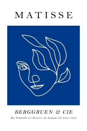 Henri Matisse Blue White Floral Woman Face Line Drawing Art Print Framed Poster and Canvas wall Art