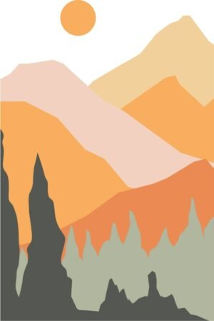 Boho Orange Sun and Mountains Landscape Wall Art Print, Canvas and framed poster