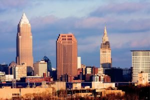 City of Cleveland Skyline Wall Art framed canvas and poster print