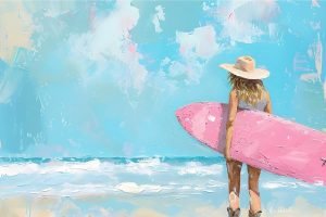 Cowgirl on the Beach with Pink Surfboard Art Print, Poster and Framed Canvas Wall Art