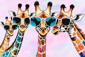 Curious Giraffe Family canvas wall art and framed poster print