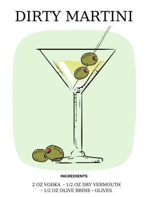 Dirty Martini Poster with Coctail Ingredients print for kitchen canvas wall art