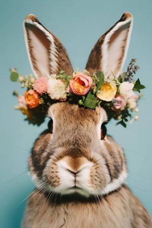 Floral Crown Bunny Framed Wall Decor, poster and canvas wall art print