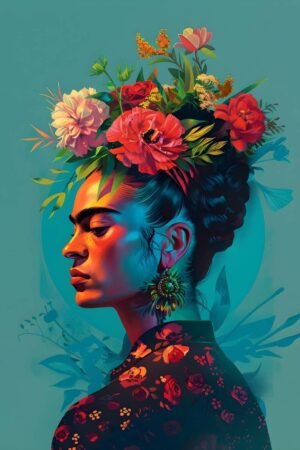 Frida Kahlo Flowers on Head Art Print, Framed Poster and Canvas Wall Art