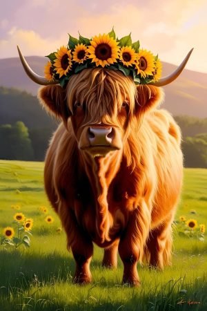 Highland Cow Wearing Sunflower Crown Wall Art Print, Canvas and Framed Poster